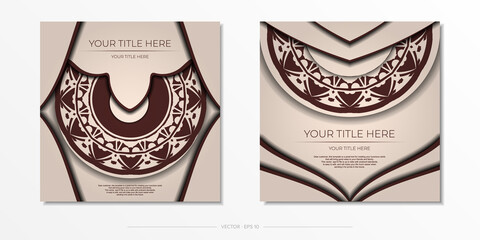 Preparing an invitation with a place for your text and abstract ornament. Template for print design postcards in Beige color with mandala patterns.