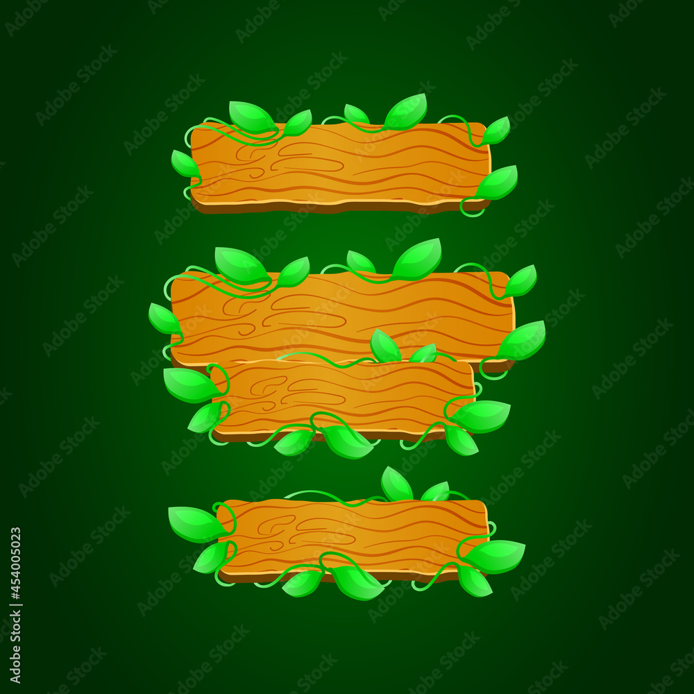 Poster collection set of wooden with branch leaf banner board template for game ui asset elements
