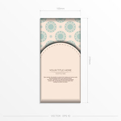 Luxurious Vector Ready-to-Print Beige Color Postcard Design with Mandala Patterns. Invitation card template with place for your text and abstract ornament.