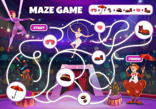 Circus maze game, vector labyrinth kids boardgame with big top artists on stage. Children test with cartoon characters clown, air gymnast, juggling apes and tangled path. Educational riddle with clue