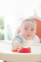 Fototapeta premium Baby boy eating gelatin dessert in high chair