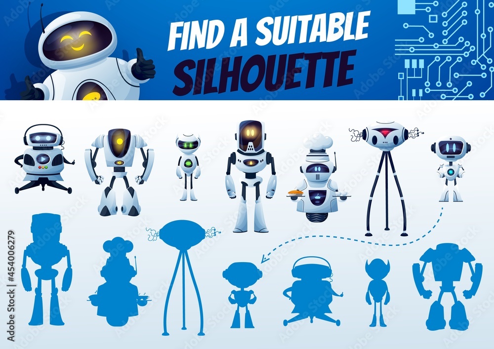 Leinwandbilder find a robot silhouette maze game. kids shadow match vector riddle, search correct cyborg shade. chi