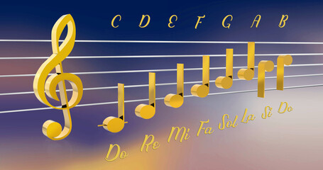 3D illustration of diatonic scales (Do, Re, Mi, Fa, Sol, La, Si, Do) with notes using shiny gold...