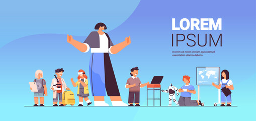 schoolchildren group with female teacher education concept horizontal full length