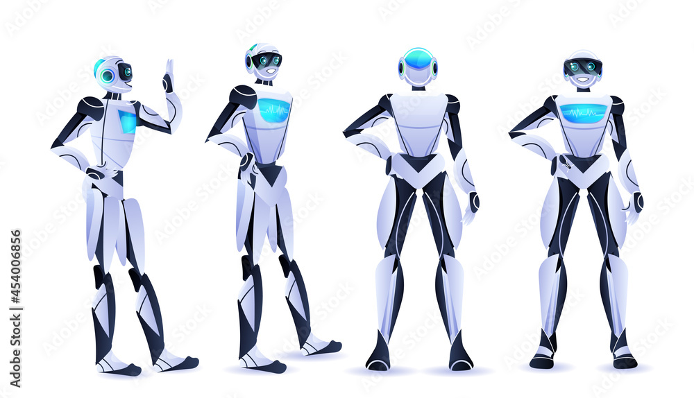 Poster set robot standing in different poses modern robotic characters artificial intelligence technology c