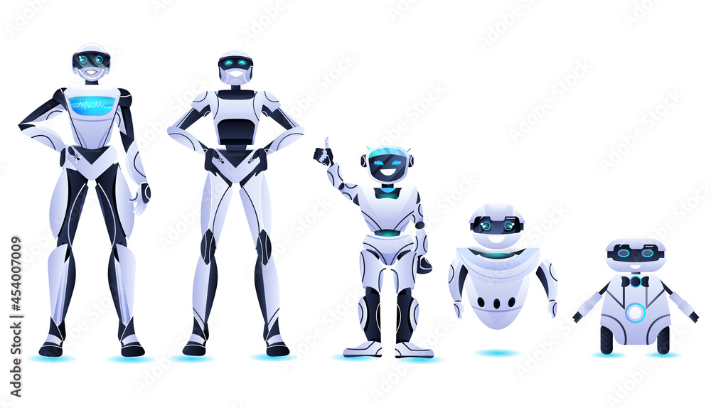 Poster different robots standing together modern robotic characters team artificial intelligence technology
