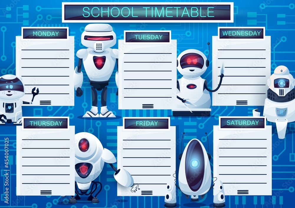 Poster timetable schedule with cartoon robots, vector weekly lessons planner template. kids time table with