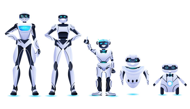 different robots standing together modern robotic characters team artificial intelligence technology concept