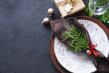 Christmas Table Setting With Gift Box. Winter Festive background.
