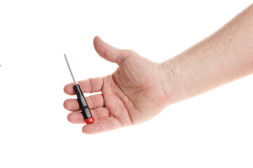 Hand holds a screwdriver on a white background, a template for designers.