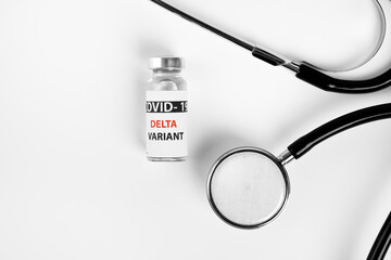 Vaccine bottles covid - 19 delta variant, vials medicine and syringe injection isolated on white....
