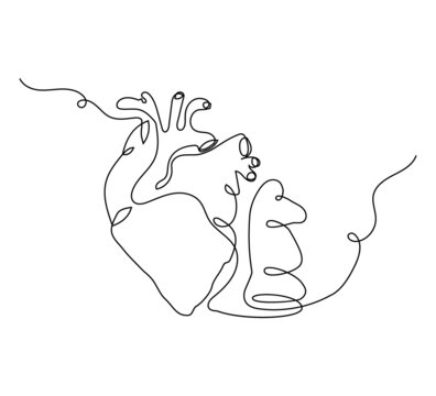 Human heart with chess knight one line set art. Continuous line drawing of internal organ and chess piece.