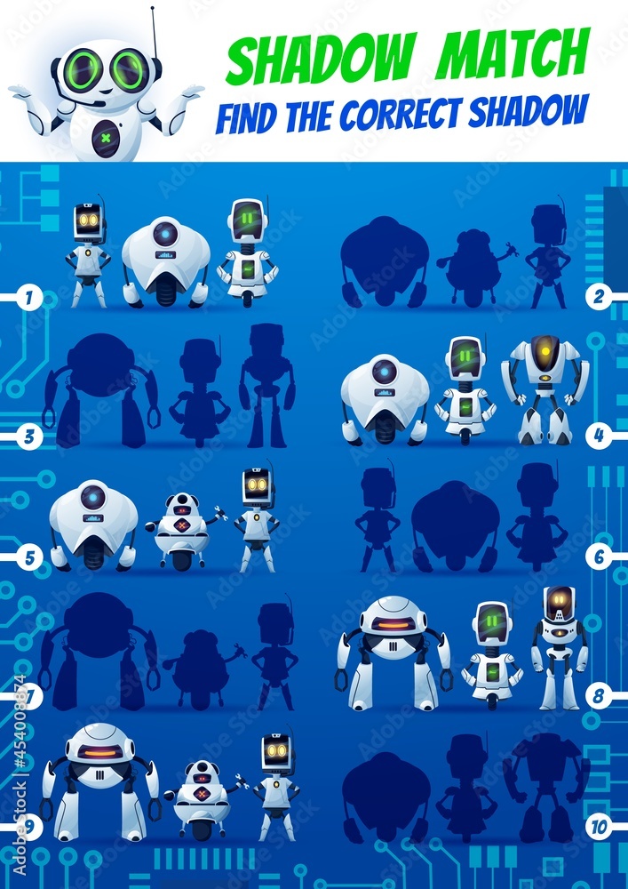 Leinwandbilder shadow match kids game, funny robots on motherboard. find correct cyborg silhouettes vector riddle. 