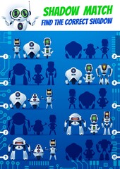 Shadow match kids game, funny robots on motherboard. Find correct cyborg silhouettes vector riddle. Children logic test with cartoon androids and artificial intelligence bots characters education task