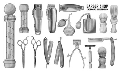 Vector collection of barbershop, Engraving illustration, engraving style,   vintage illustration, isolated on white, hair clipper, razor, scissors,