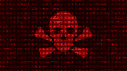 Computer server got attacked with malware by hacker, binary death skull symbol alert screen in network data security system, futuristic digital server cybersecurity threats 3D illustration