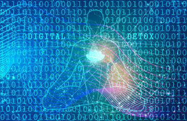 Young woman meditation. Digital detox concept illustration.