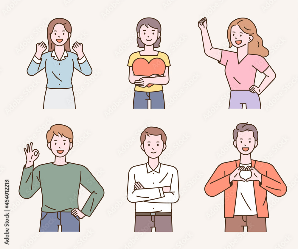 Poster people are sending messages of support with various gestures. outline simple vector illustration.