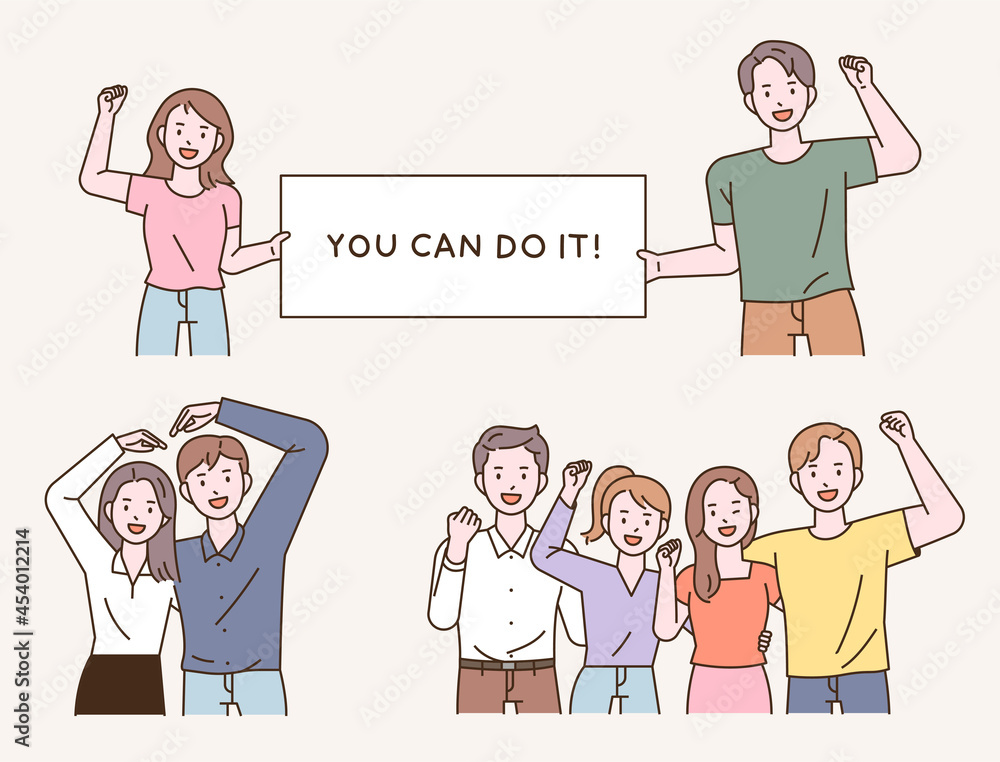 Poster people are cheering with various gestures. outline simple vector illustration.