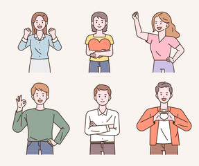 People are sending messages of support with various gestures. outline simple vector illustration.