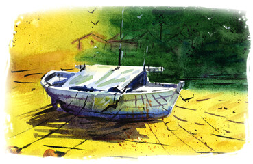 Watercolor drawing of a lonely fishing boat on the sandy shore.