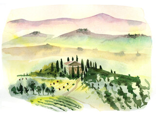 Watercolor drawing of a mediterranean landscape.