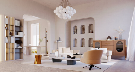 3d rendering,3d illustration,Interior Scene and Mockup,Modern Luxury Living Room White Wall Brown White Furniture.