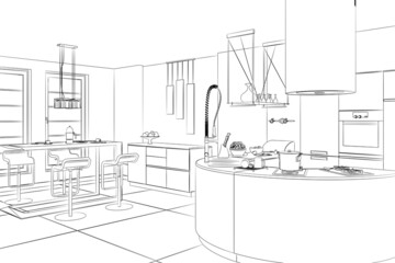 3d kitchen room graphical interior with black white sketch. linear sketch.