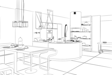 3d kitchen room graphical interior with black white sketch. linear sketch.