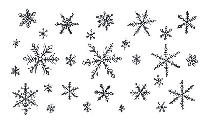 Cute hand drawn snowflakes set. Vector doodle isolated on white. Christmas and New Year modern design. For print, web, design, decoration, logo.