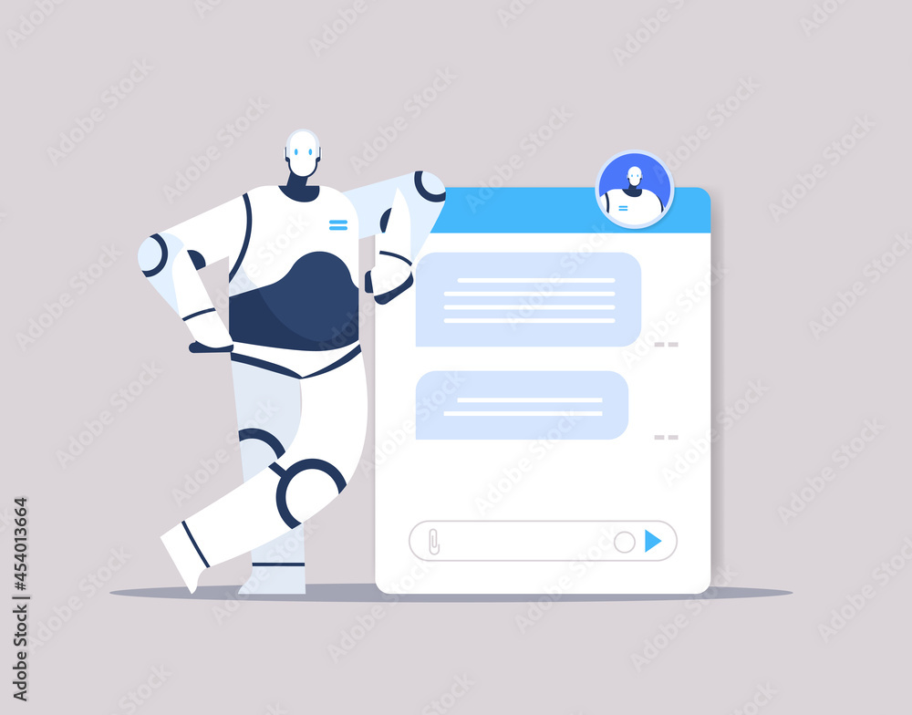 Poster modern chatbot assistant conversation robotic character chatting by messages chat app artificial int