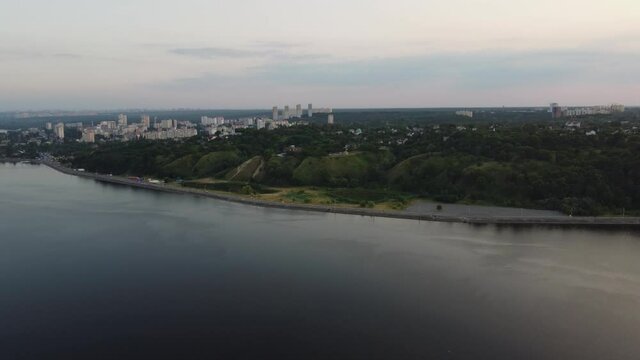 Aerial view of the seafront among green hills and Kyiv Sea near Vyshgorod