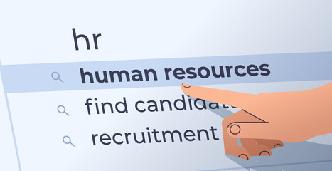 human hand choosing hr in search bar on virtual screen human resources recruitment hiring internet networking