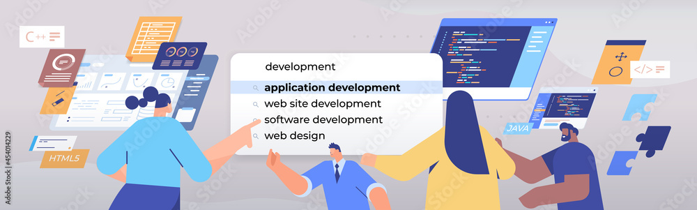 Poster mix race people choosing application development in search bar on virtual screen web design internet