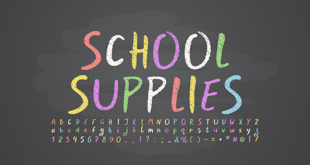 Multicolored school chalk style font. Vector alphabet letters and numbers on dark chalkboard