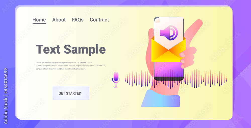 Poster hand using smartphone communicate by voice messages audio chat application online communication