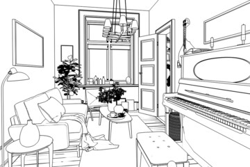 Modern Sitting Room Inside a Fresh Renovated Building (sketch)  - 3d visualization