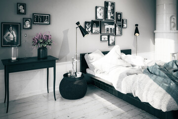 Classical Bedroom Arrangement - black and white 3D Visualization