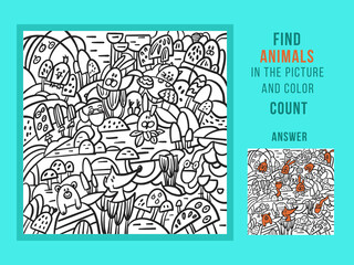 Find animals and color, count. Games for Children. Puzzle Hidden Items. Funny cartoon character. Vector illustration.
