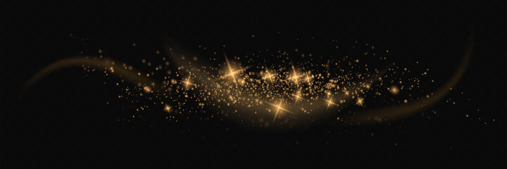 The dust sparks and golden stars shine with special light. Vector sparkles on a transparent background. Christmas light effect. Sparkling magical dust particles.