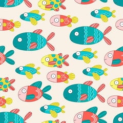 Naklejka premium Fish. Sea animals. Seamless vector pattern (background). Cartoon print.
