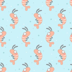 Fototapeta na wymiar Marine animal. Shrimp. Cartoon print. Seamless vector pattern (background). Circular dots. 