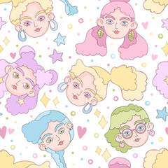 Beautiful girl. Cartoon character. Crazy hairstyle model art. Hearts, stars, dots and sparkles. Seamless vector pattern (background). 