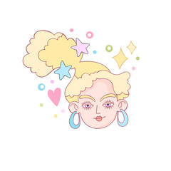 Beautiful girl. Cartoon character. Crazy hairstyle model art. Hearts, stars, dots and sparkles. Isolated vector object on white background. 