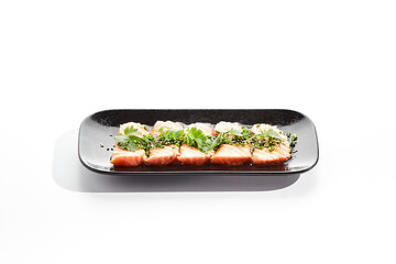 Salmon tataki - seared salmon, thinly sliced sashimi style. Salmon tataki served with delicious...