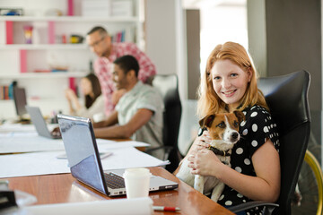 Dog sitting on woman lap in office