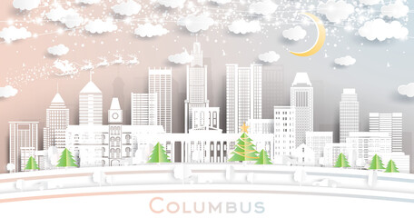 Columbus Ohio City Skyline in Paper Cut Style with Snowflakes, Moon and Neon Garland.