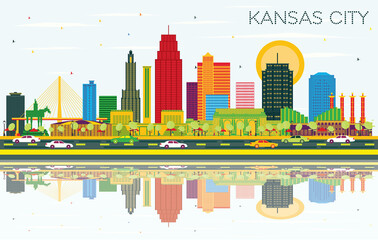 Fototapeta na wymiar Kansas City Missouri City Skyline with Color Buildings, Blue Sky and Reflections.