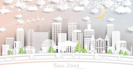 San Jose California City Skyline in Paper Cut Style with Snowflakes, Moon and Neon Garland.