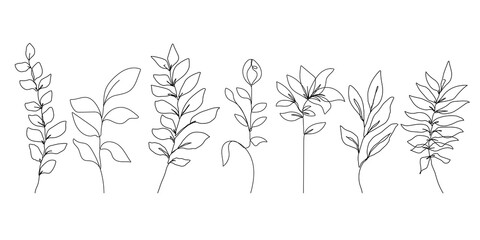 Continuous Line Drawing Set Of Plants Black Sketch of Flowers Isolated on White Background. Flowers One Line Illustration. Minimalist Prints Set. Vector EPS 10.